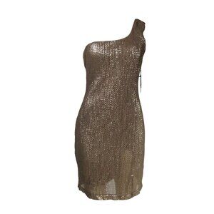 ASTR NWT Gold SEQUIN One Shoulder Serena Glam Party Cocktail HOCO Mini Dress L